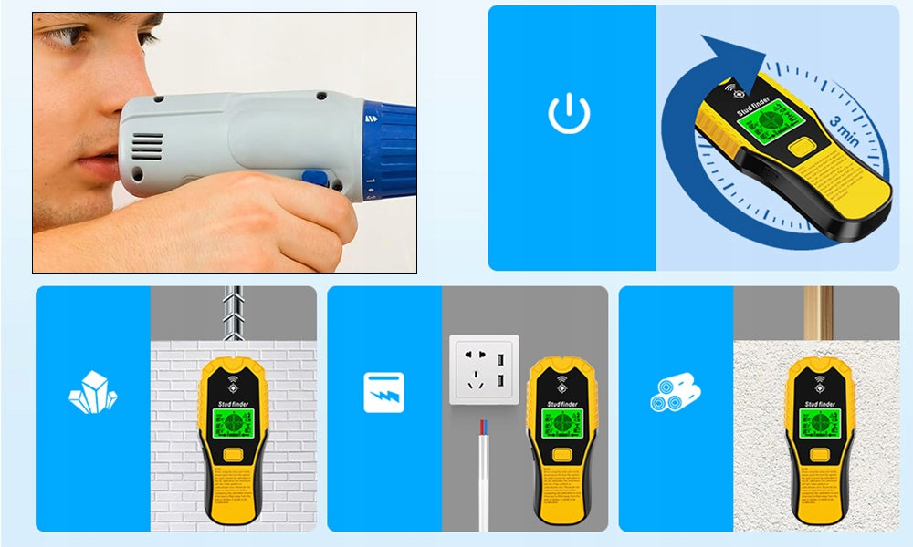 6-IN-1 CABLE DETECTOR AND METAL SCANNER WITH LCD DISPLAY FOR PIPES AND CEILINGS Power supply batteries