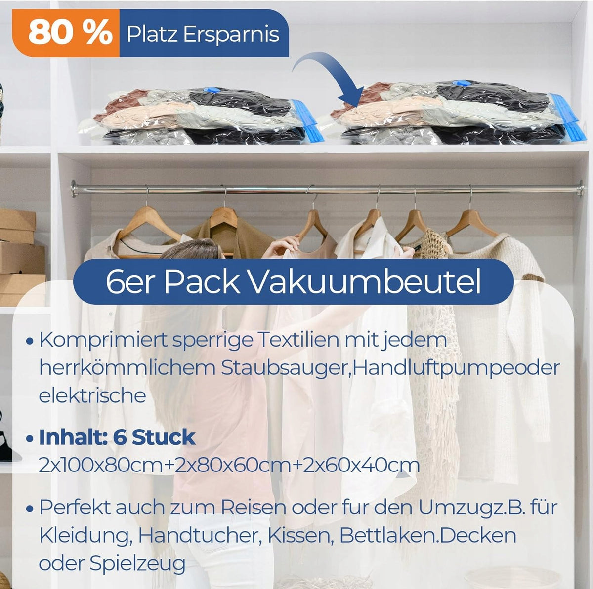 6 VACUUM BAGS FOR CLOTHES WITH COMPRESSION PUMP STORAGE Color transparent