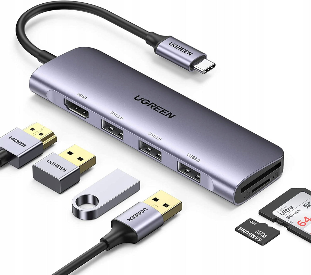 6-in-1 USB-C Adapter Hub by UGREEN: 3 USB 3.0 Ports, HDMI, TF/SD Card Reader