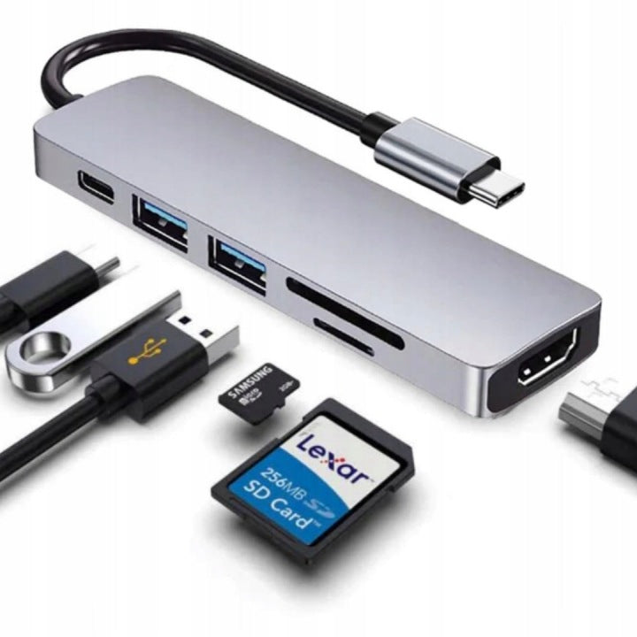 6-in-1 USB-C HUB Adapter - HDMI 4K, SD Card Reader - for Macbook Pro/Air M1 M2 M3 M4 / Surface Manufacturer code Miruno