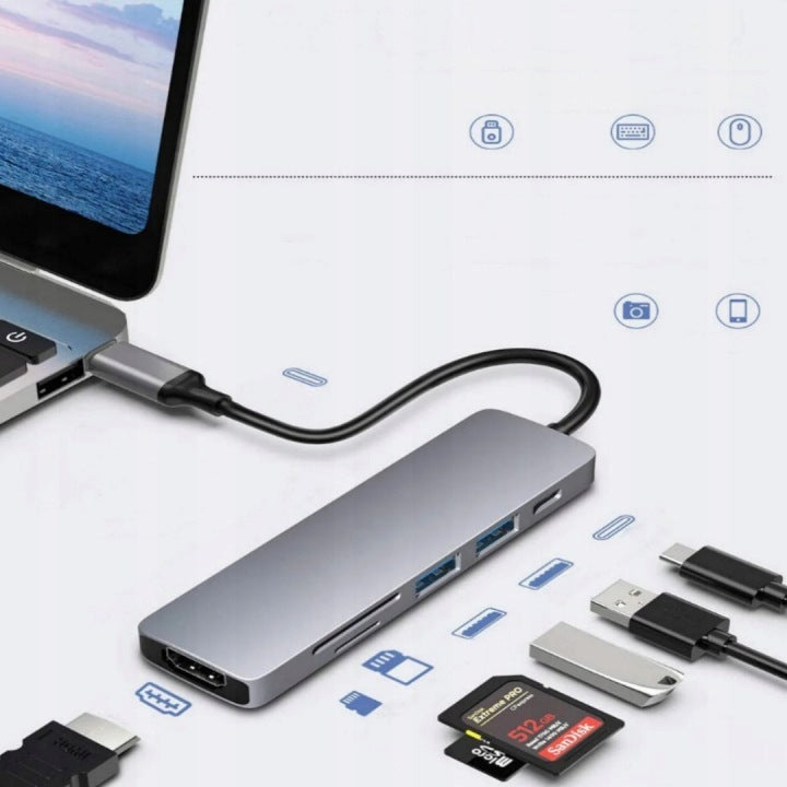 6-in-1 USB-C HUB Adapter - HDMI 4K, SD Card Reader - for Macbook Pro/Air M1 M2 M3 M4 / Surface Packaging status original