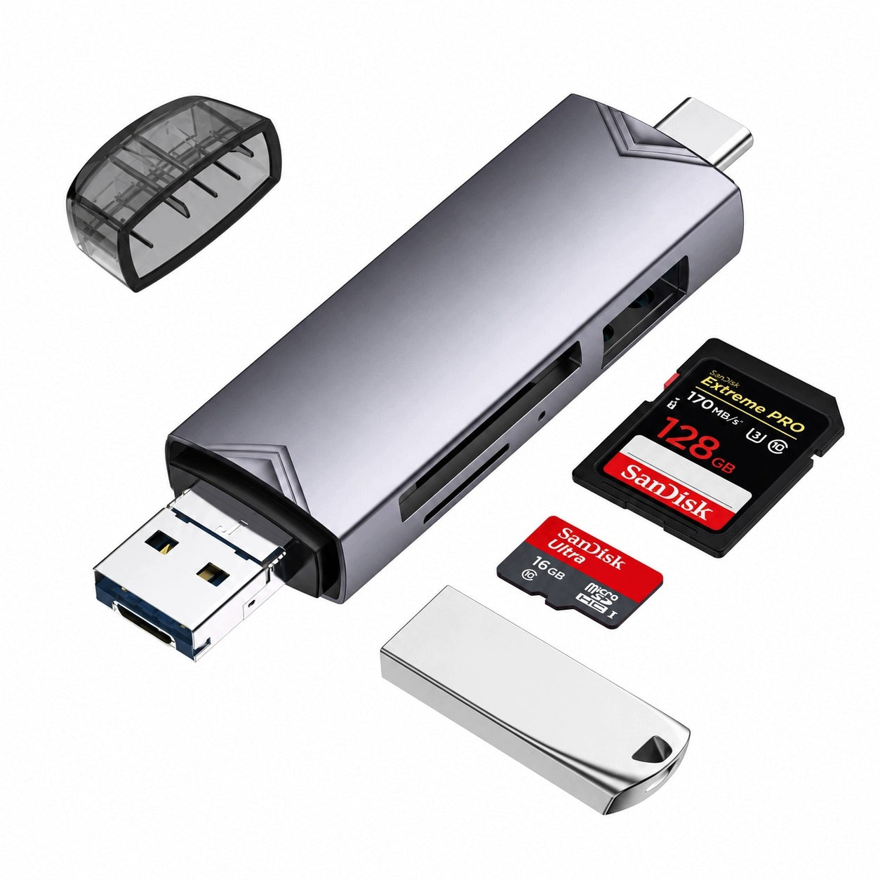6 in 1 USB3.0 Grey Aluminum Card Reader with Type-C and Micro USB Ports