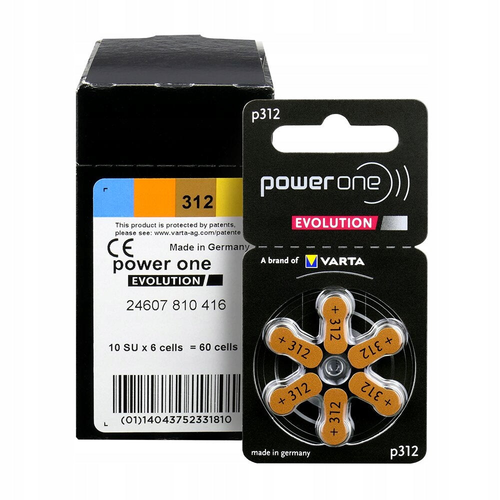 60 x Power One Evolution Varta 312 Hearing Aid Batteries