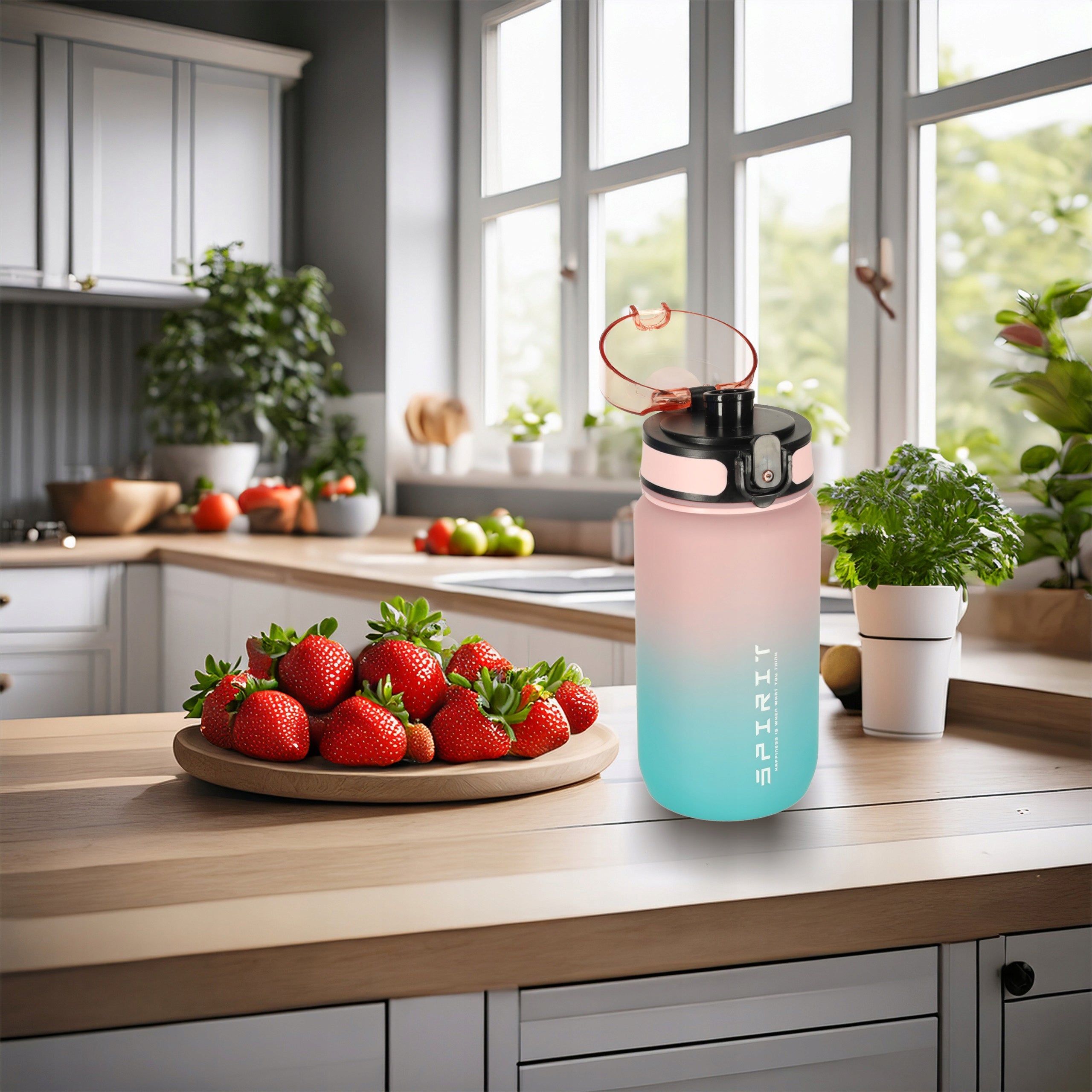 600 ML PINK BLUE WATER BOTTLE WITH MEASURING CUP MOUTHPIECE AND HOLDER Brand Ikonka