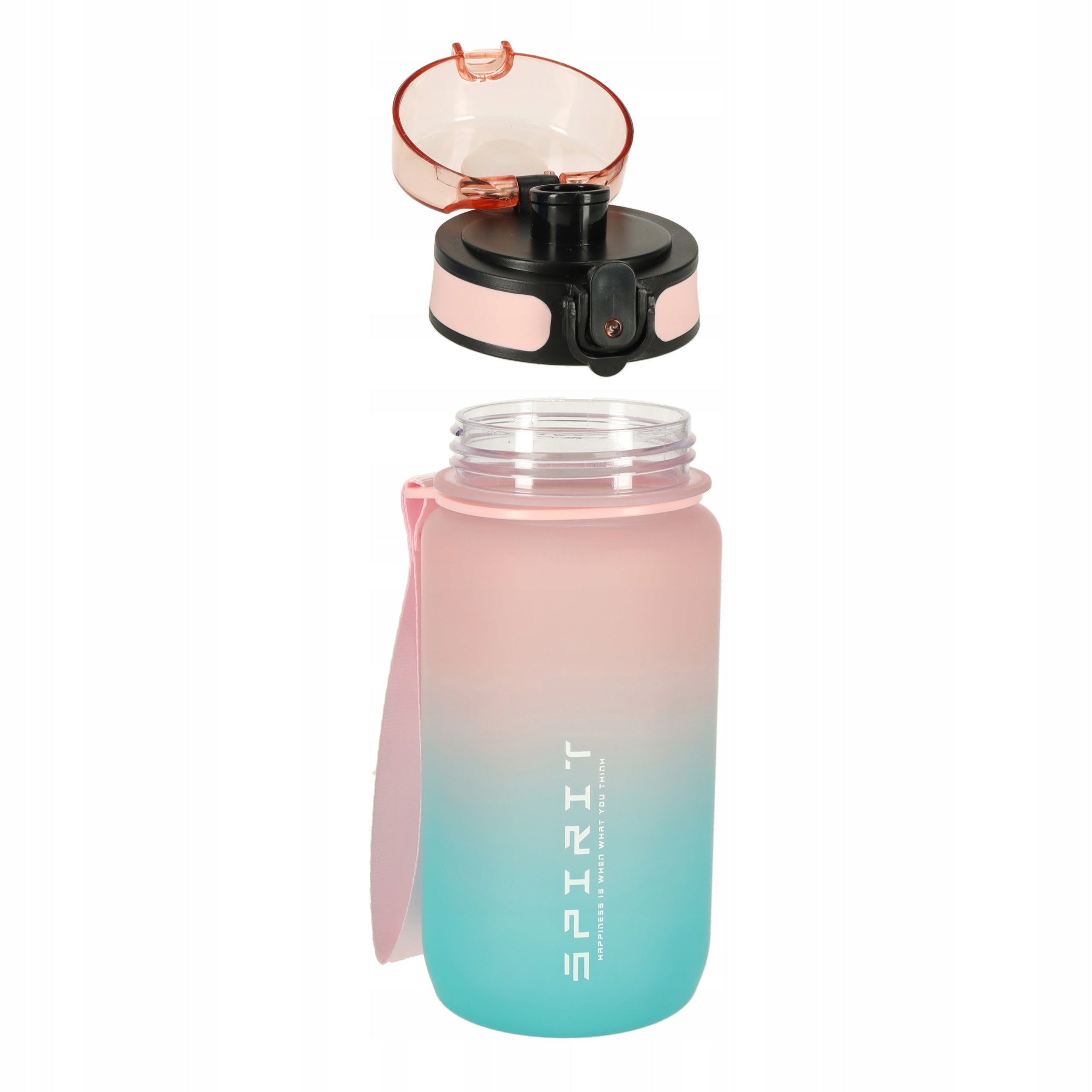 600 ML PINK BLUE WATER BOTTLE WITH MEASURING CUP MOUTHPIECE AND HOLDER Kind water bottle