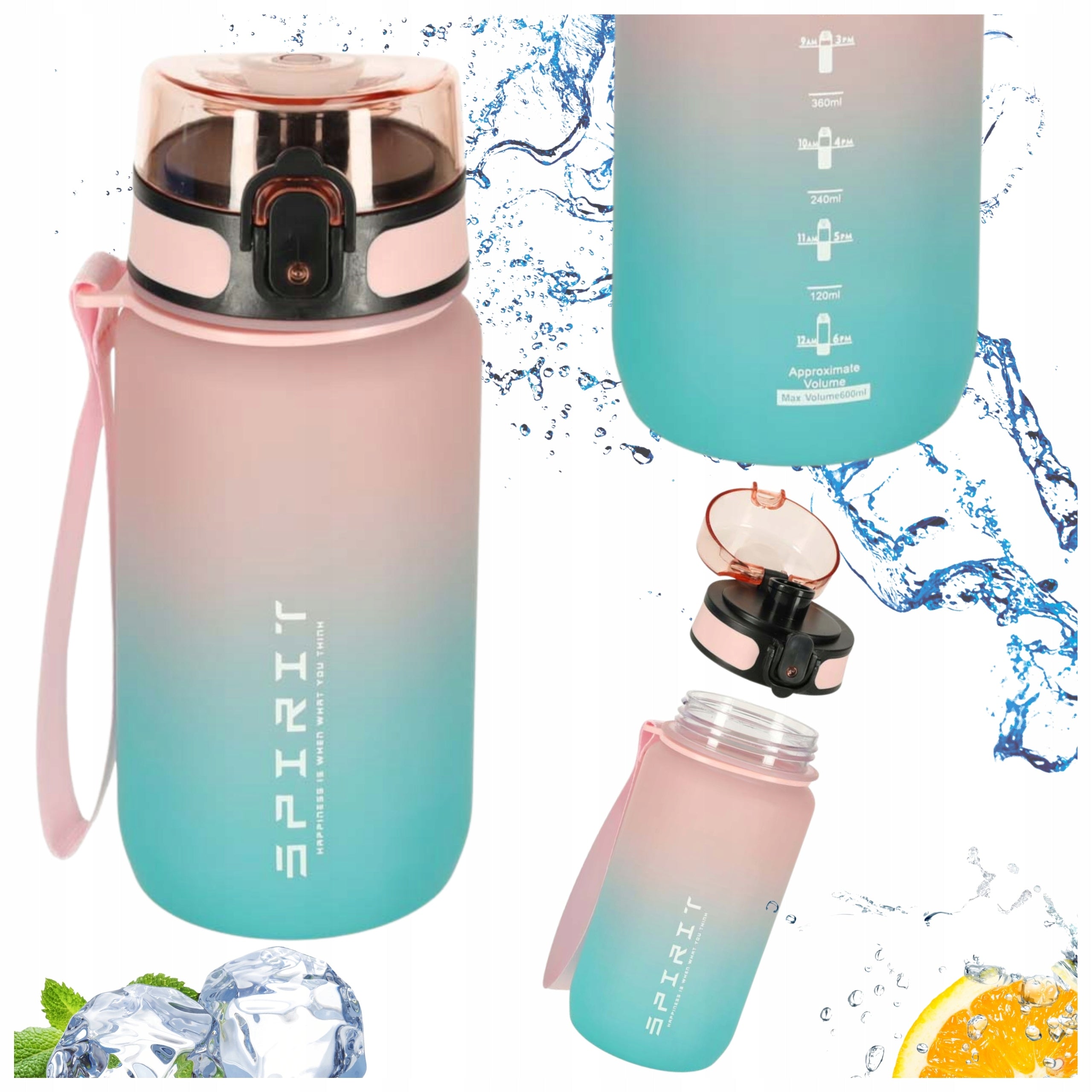 600 ML PINK BLUE WATER BOTTLE WITH MEASURING CUP MOUTHPIECE AND HOLDER