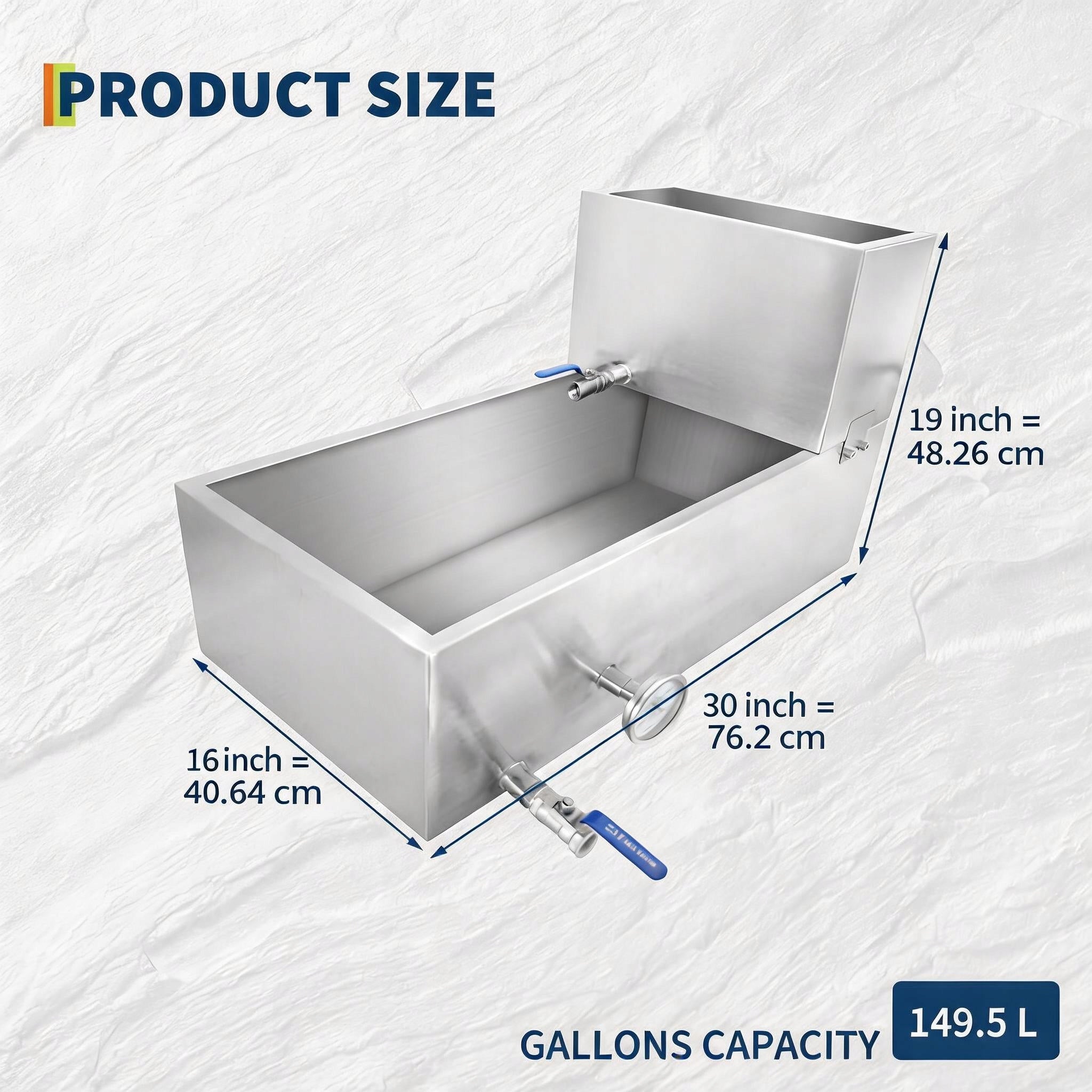 Klevų sirupo garinimo indas, 79,5 l, su 2 vožtuvais ir termometru, 76×41×48 cm