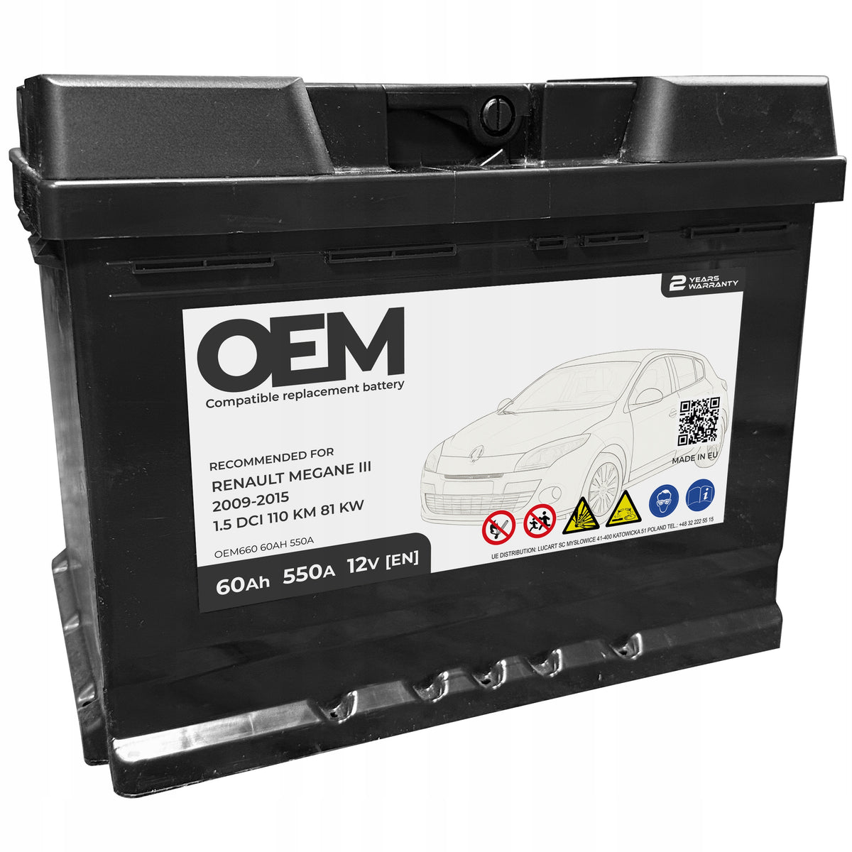 60AH 550A OEM CAR BATTERY FOR RENAULT MEGANE III WITHOUT START-STOP