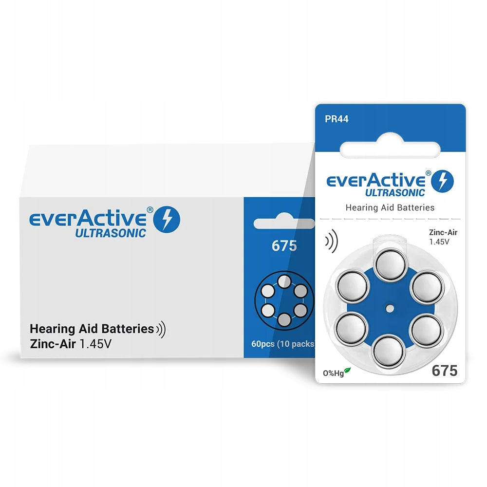 60X HEARING AID BATTERIES EVERACTIVE ULTRASONIC 675 PR44 BOX
