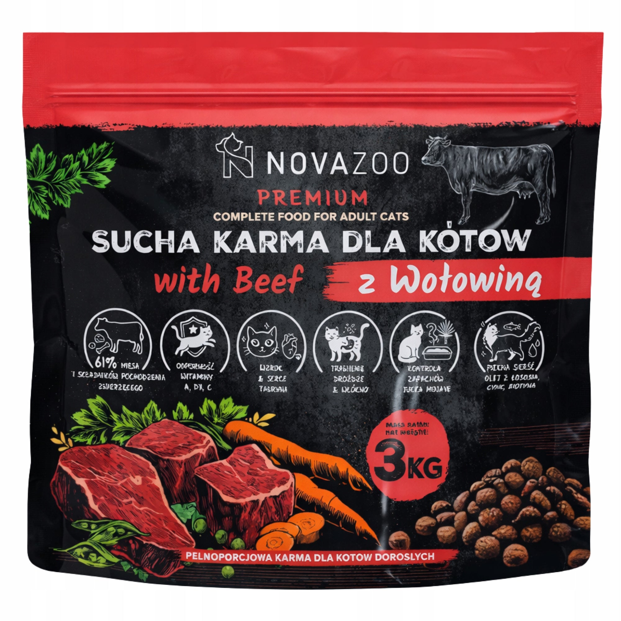 61% Dry meat Cat food NOVAZOO PREMIUM Beef 3kg