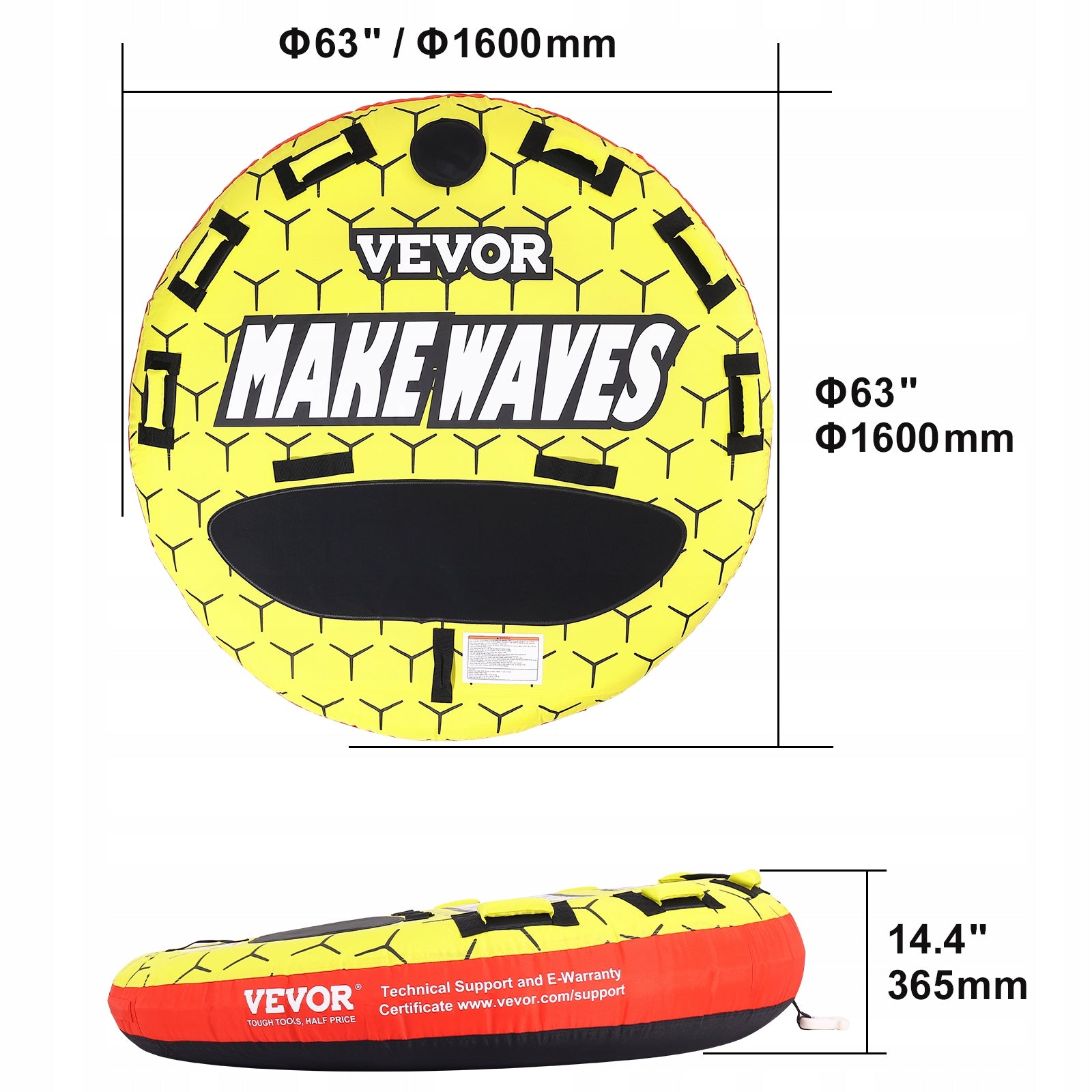 63" Towable Tube 1-3 Riders 510lbs Inflatable Boat Water Sport Nylon Cover Brand Vevor