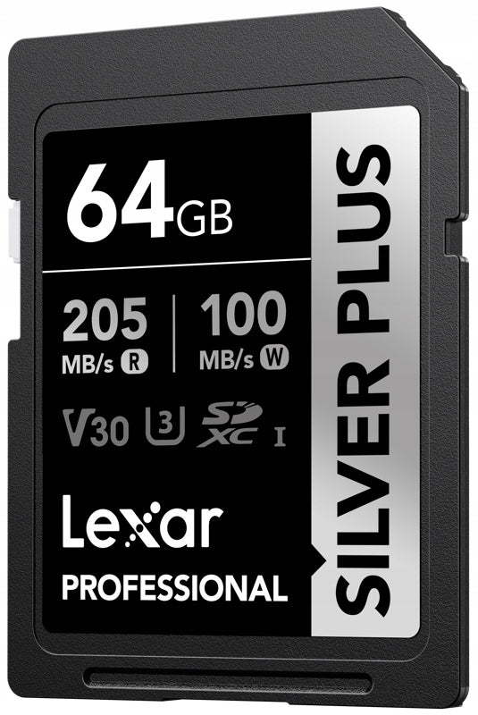 64 GB Lexar Pro SDXC U3 (V30)SILVER PLUS 205R/105W Card capacity 64 GB