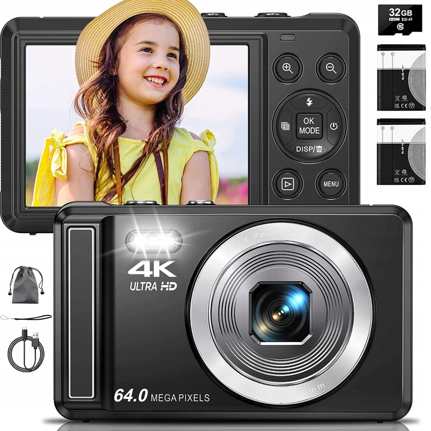 64MP FHD 1080P DIGITAL CAMERA WITH MACRO FUNCTION 16X ZOOM 32GB CARD + 2AKU Packaging status original