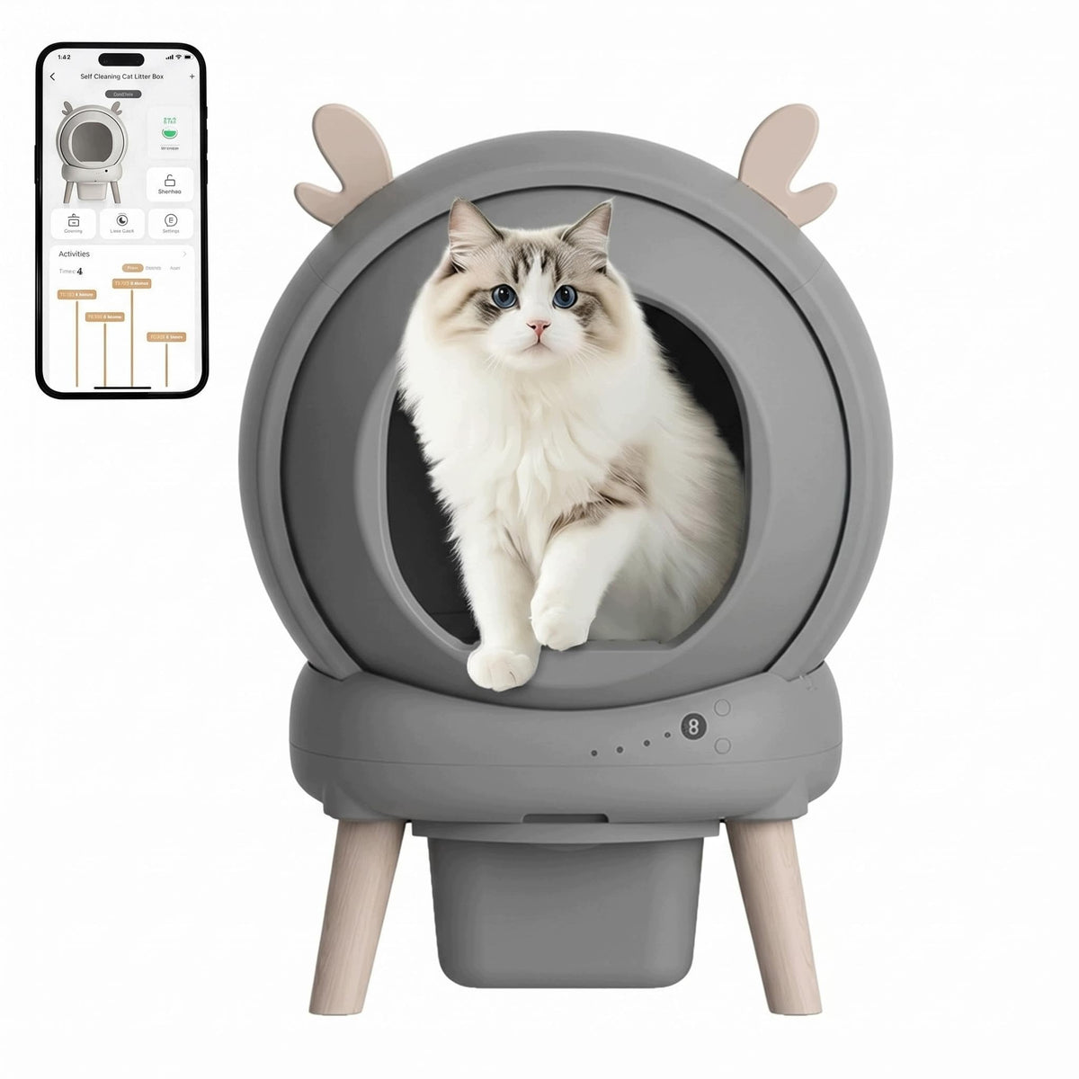 65L Automatic Self-Cleaning Cat Litter Box Cabinet, App Control, Gray