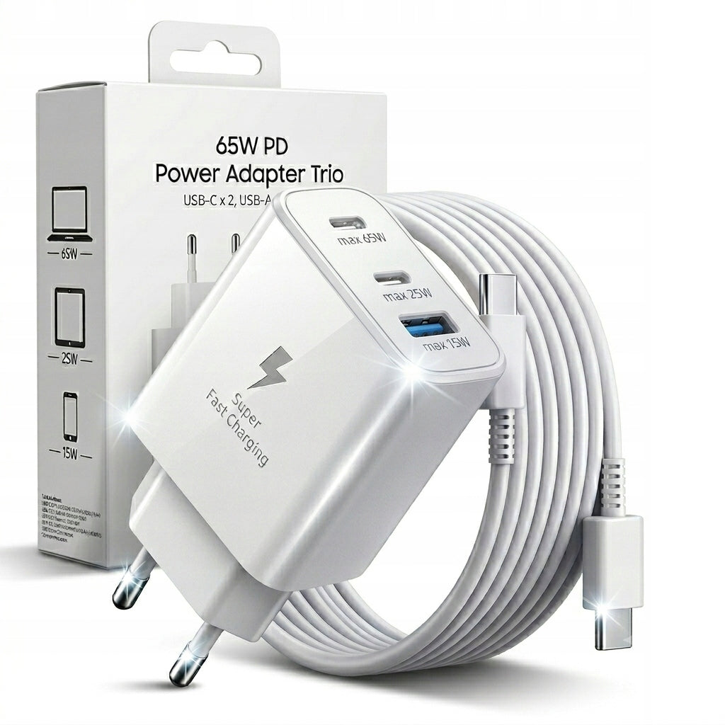 65W TRIO FAST CHARGER 1x USB-A +2x USB-C REPLACEMENT FOR SAMSUNG