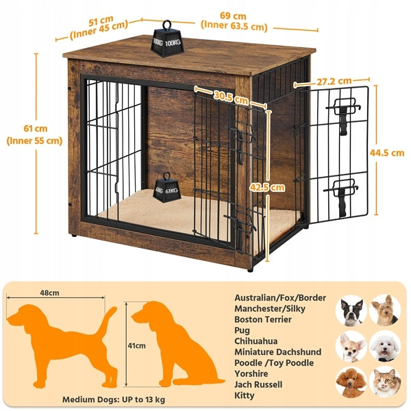 69cm Wide Dog Cage, For Small Dogs, Rustic Brown Color Product height 61 cm