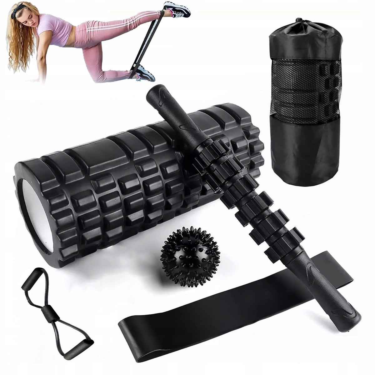 6IN1 YOGA AND FITNESS SET – MASSAGER, BALL, BELT AND CARRY BAG