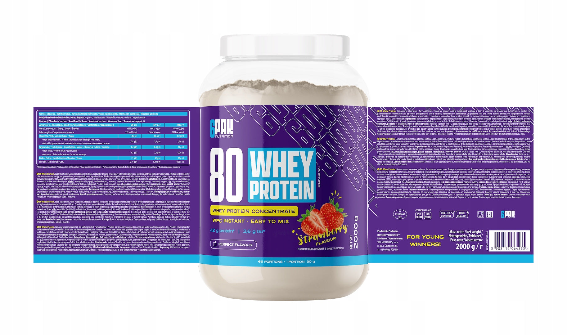 6PAK 80 Whey Protein 2000g Protein WPC Strawberry Flavour Protein Conditioner Packaging status original
