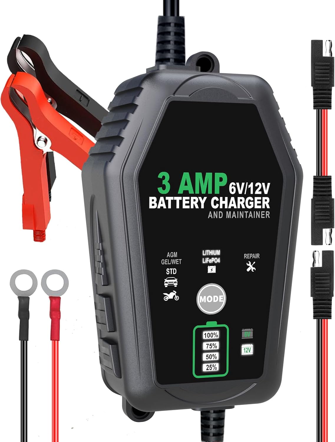 6V 12V 3A BATTERY CHARGER WITH REPAIR MODE FOR VARIOUS BATTERIES