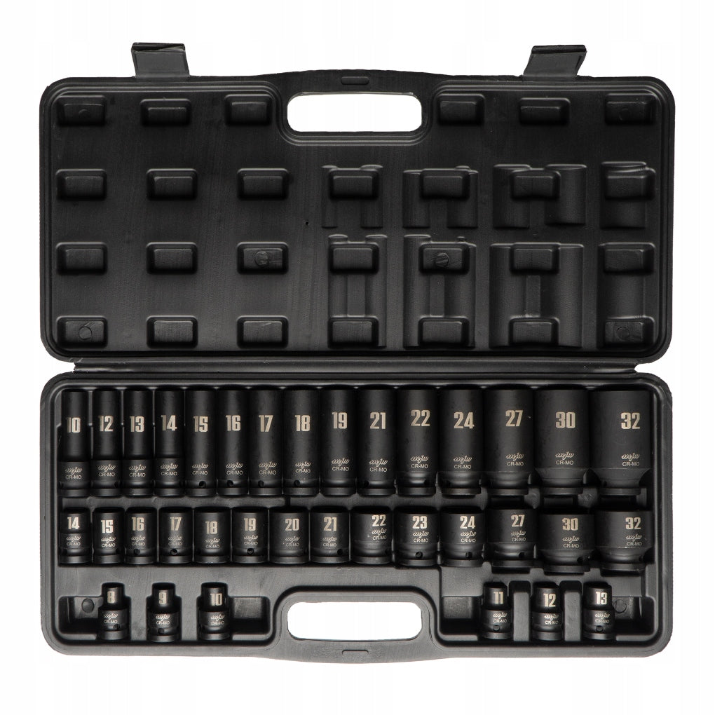 Smūginės galvutės rinkinys 1/2", 35 vnt., 6 kampų, 8–32 mm, ilgos ir trumpos