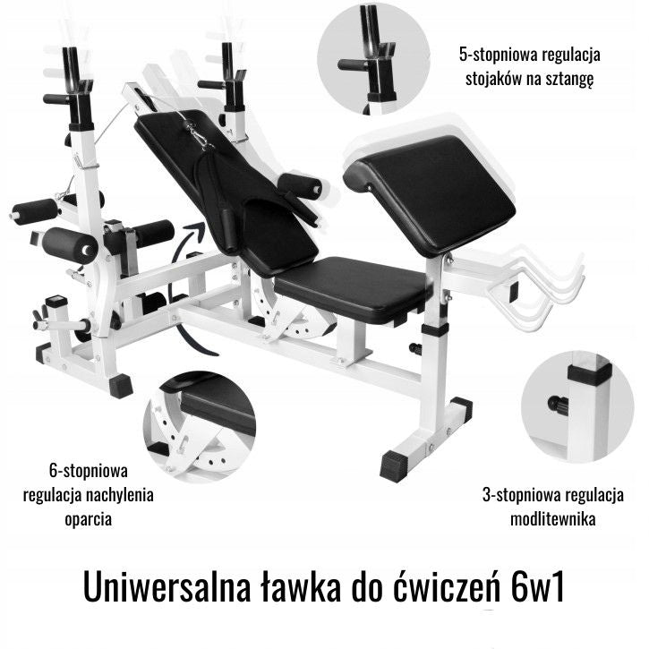 6in1 White Extrusion Bench + 2 Adjustable Cast Iron Barbells 130kg Accessory equipment leg lock preacher curl bench leg press butterfly station/chest fly racks upper pulley