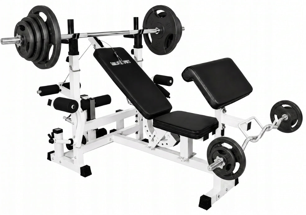 6in1 White Extrusion Bench + 2 Adjustable Cast Iron Barbells 130kg