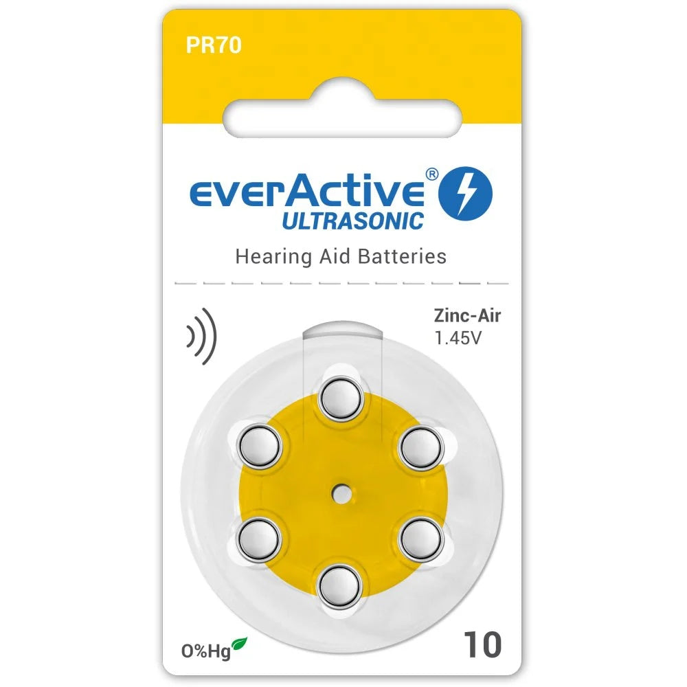 6x HEARING AID BATTERIES POWERFUL EVERACTIVE ULTRASONIC 10 PR70