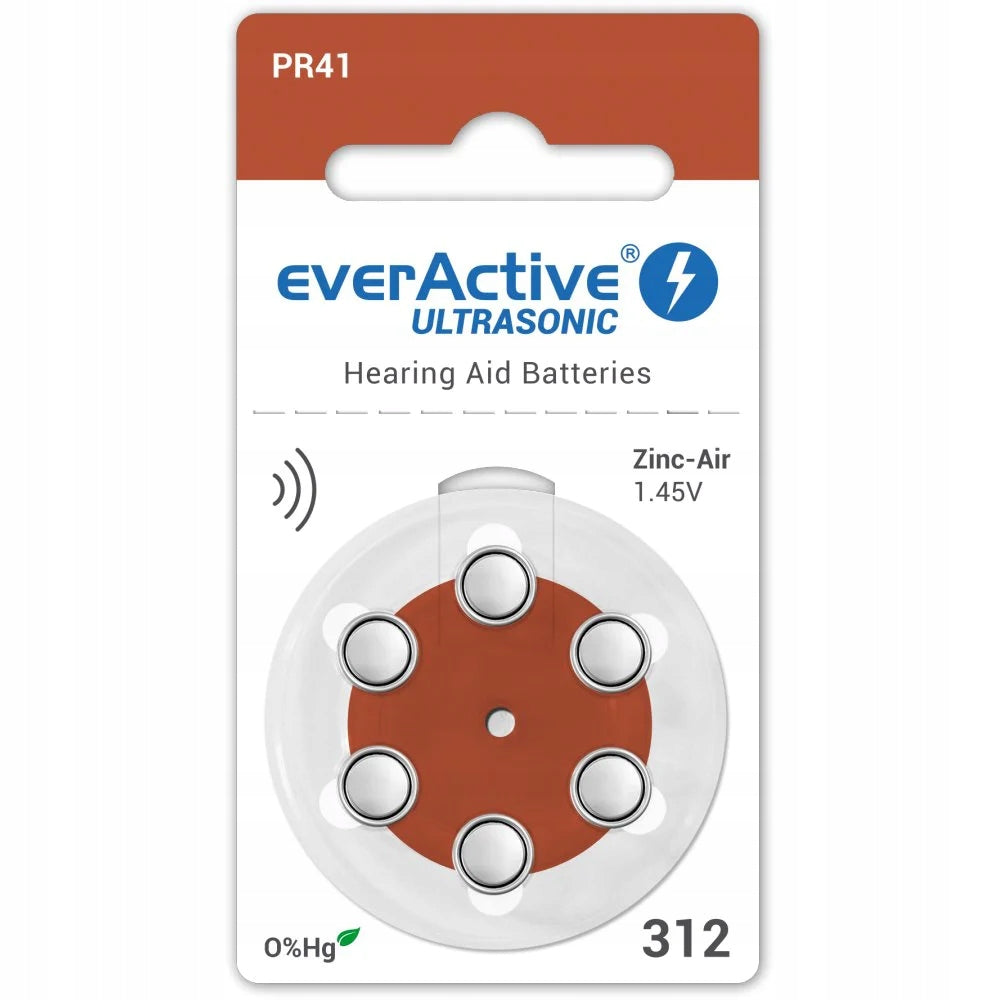 6x HEARING AID BATTERIES POWERFUL EVERACTIVE ULTRASONIC 312 PR41