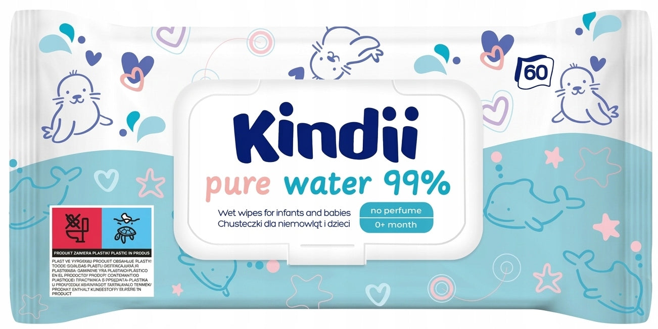 6x KINDII WET WIPES PURE WATER 99% 60PCS Unscented For Children Packaging status original