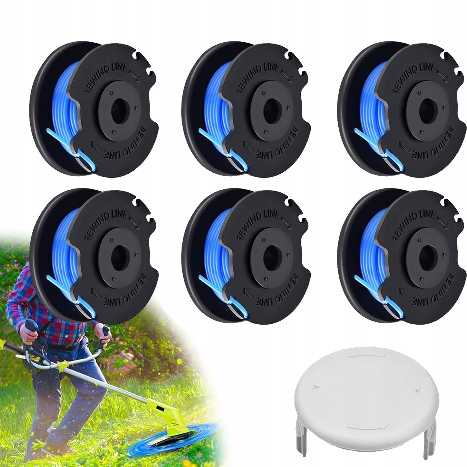 6x LINE FOR TRIMMER REPLACEMENT SPOOL FOR RYOBI ONE TRIMMERS+1 caps