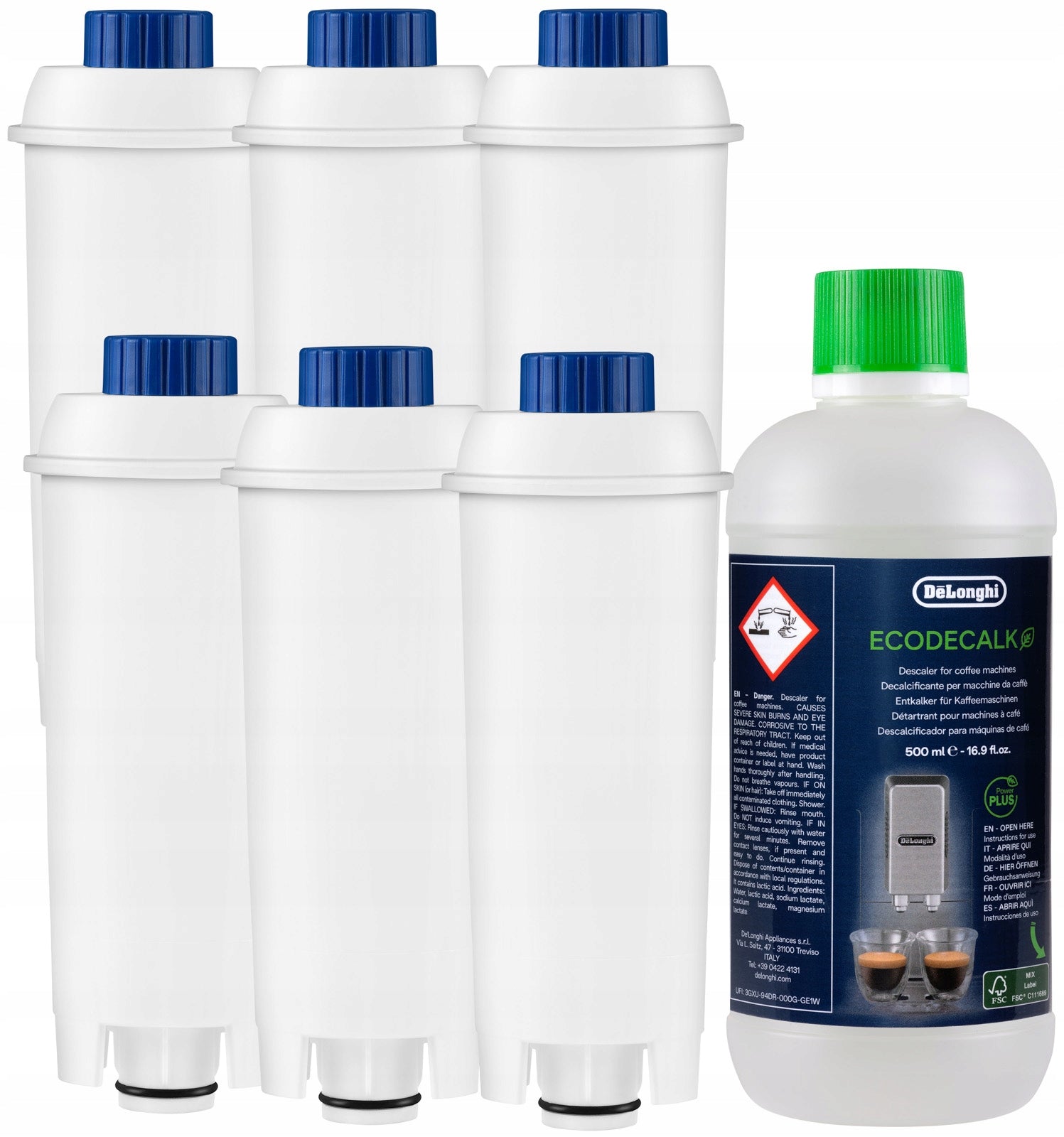 6x Water filter for DELONGHI + Powerful DELONGHI DESCALER 500 ml