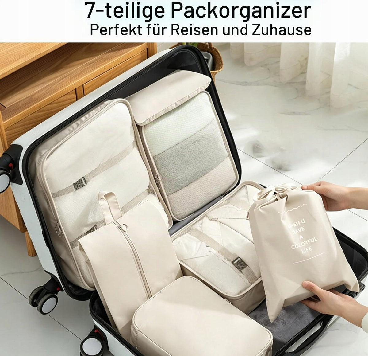 7-Piece Lexuluxion Suitcase Organizer Packing Set Beige Packaging status original