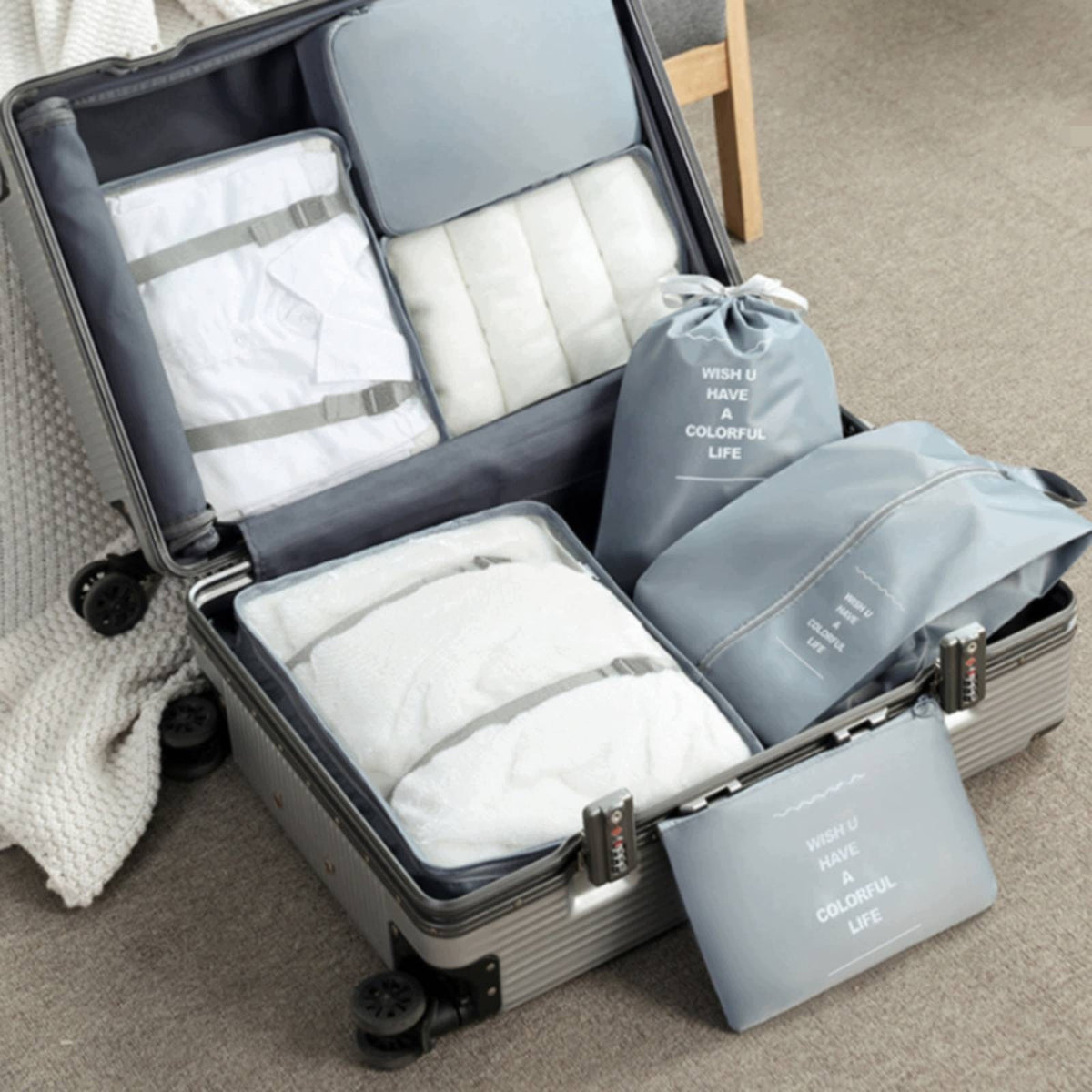 7 Pieces Travel Organizer Set Space-Saving Travel Storage Bag Set Mesh Packaging status original