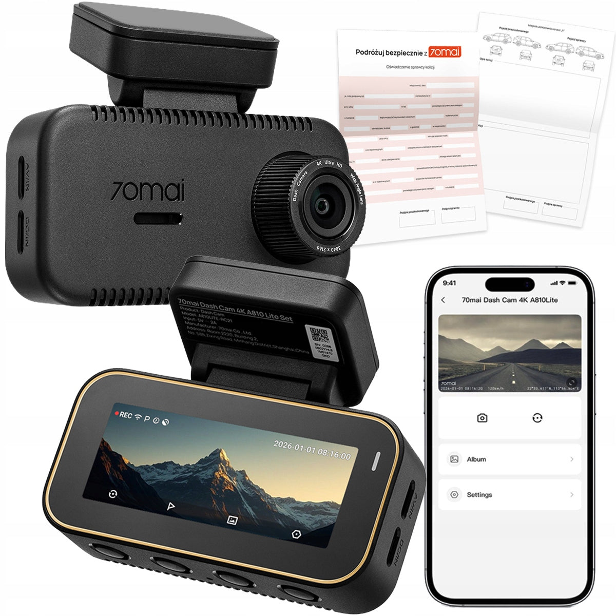 70mai Dash Cam A810 Lite 4K HDR car camera + collision form