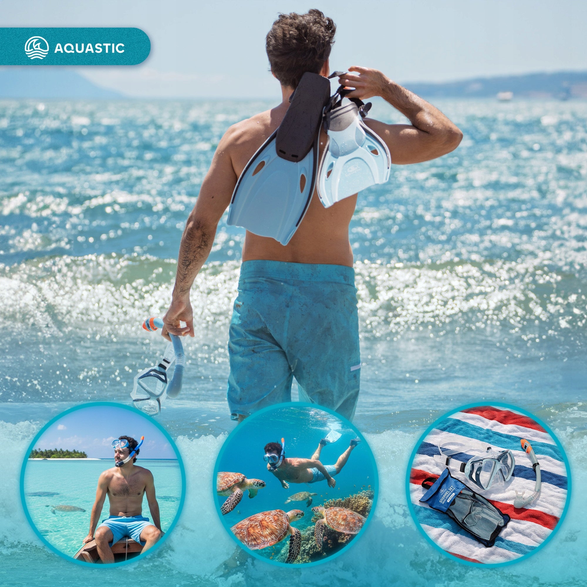 Nardymo rinkinys AQUASTIC Shoal: kaukė, vamzdelis ir pelekai, mėlyni, 38/42 dydis