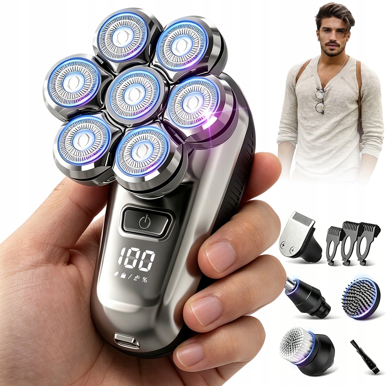 7D SHAVER USB CHARGING WITH MASSAGE HEAD AND NOSE TRIMMER UNIVERSAL