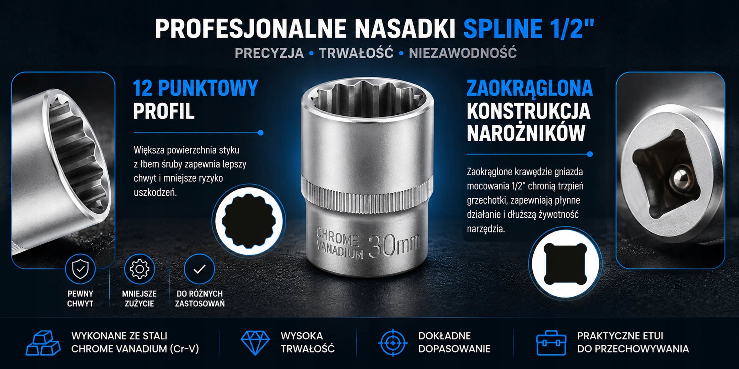 Galvučių rinkinys 1/2", 12 kampų, 8–32 mm, su veržliarakčiais – HUB, pakabai, ašiai