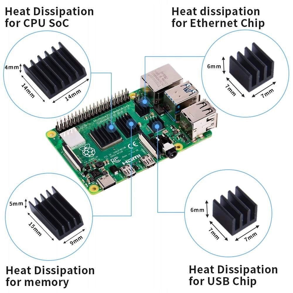 8 ALUMINUM HEAT SINKS FOR RASPBERRY PI 4 MODEL B WITH THERMAL TAPE Manufacturer Pi
