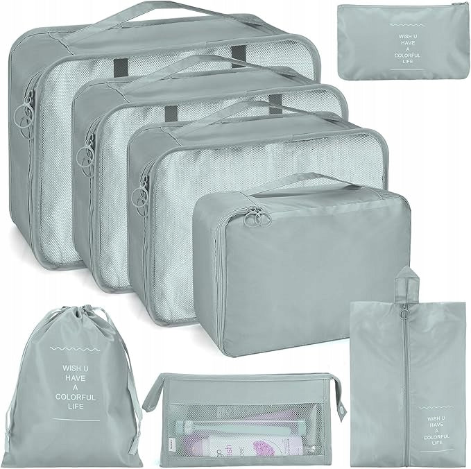 8-Piece Suitcase Organizer Set Waterproof Travel Bags Grey