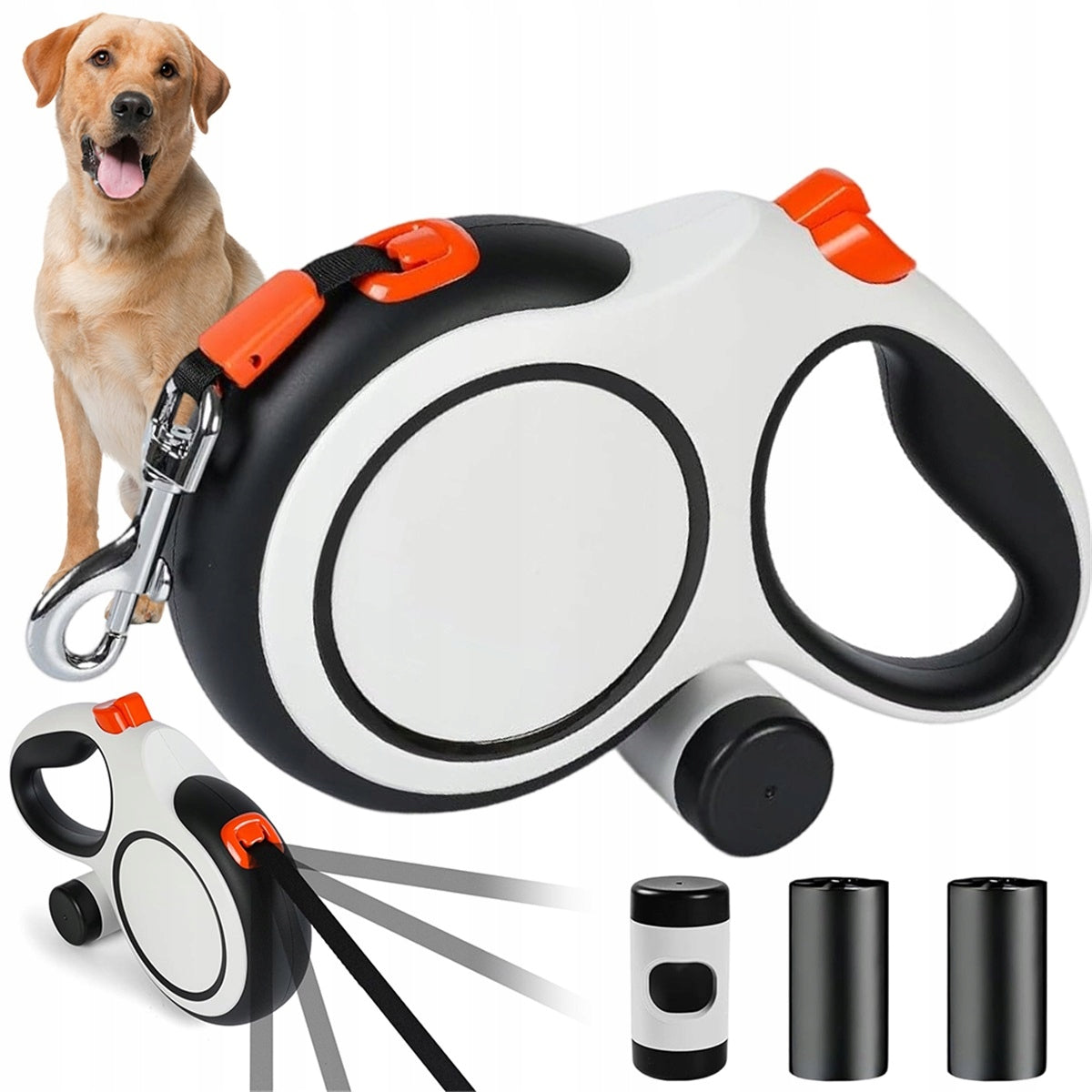 8M RETRACTABLE LANYARD WITH POUCH CONTAINER IN WHITE AND BLACK