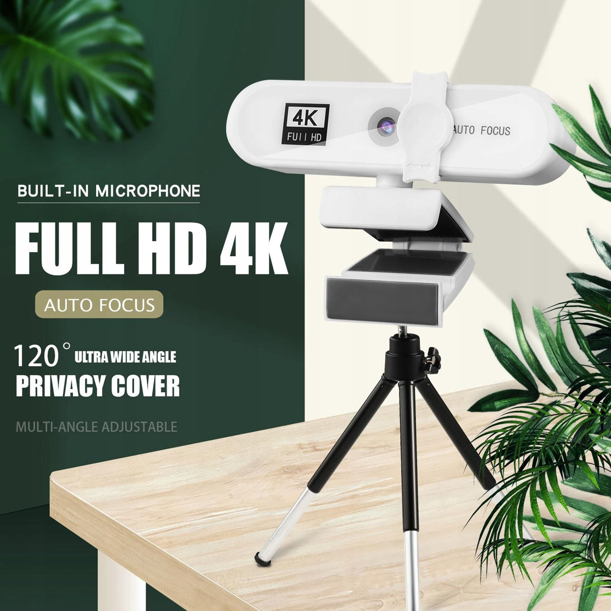 8MP Autofocus Web Camera with Tripod, Built in Microphone, for 4k White