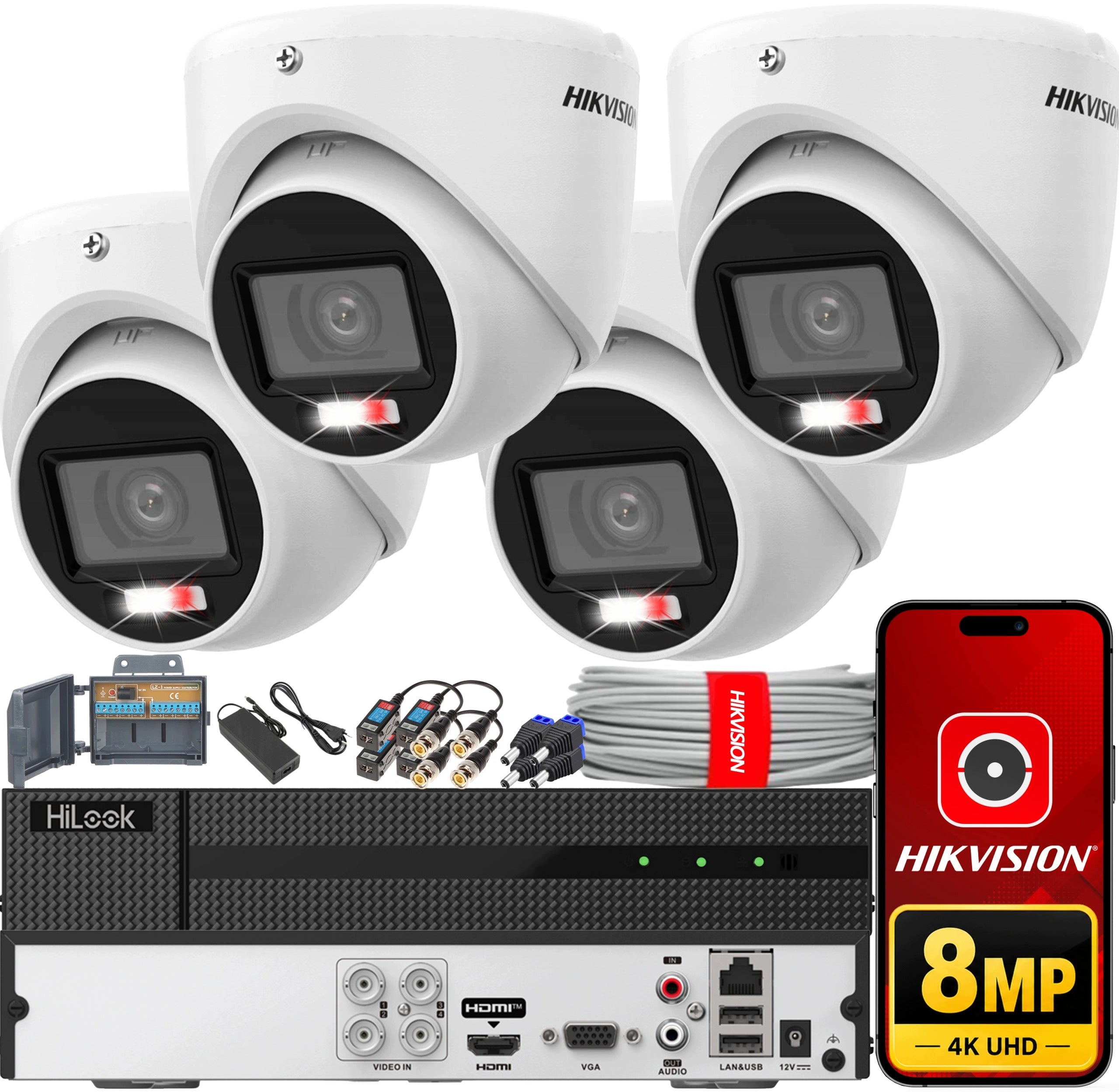 8MPx 4K HiLook Monitoring Kit by Hikvision 4 AHD TVI Cameras
