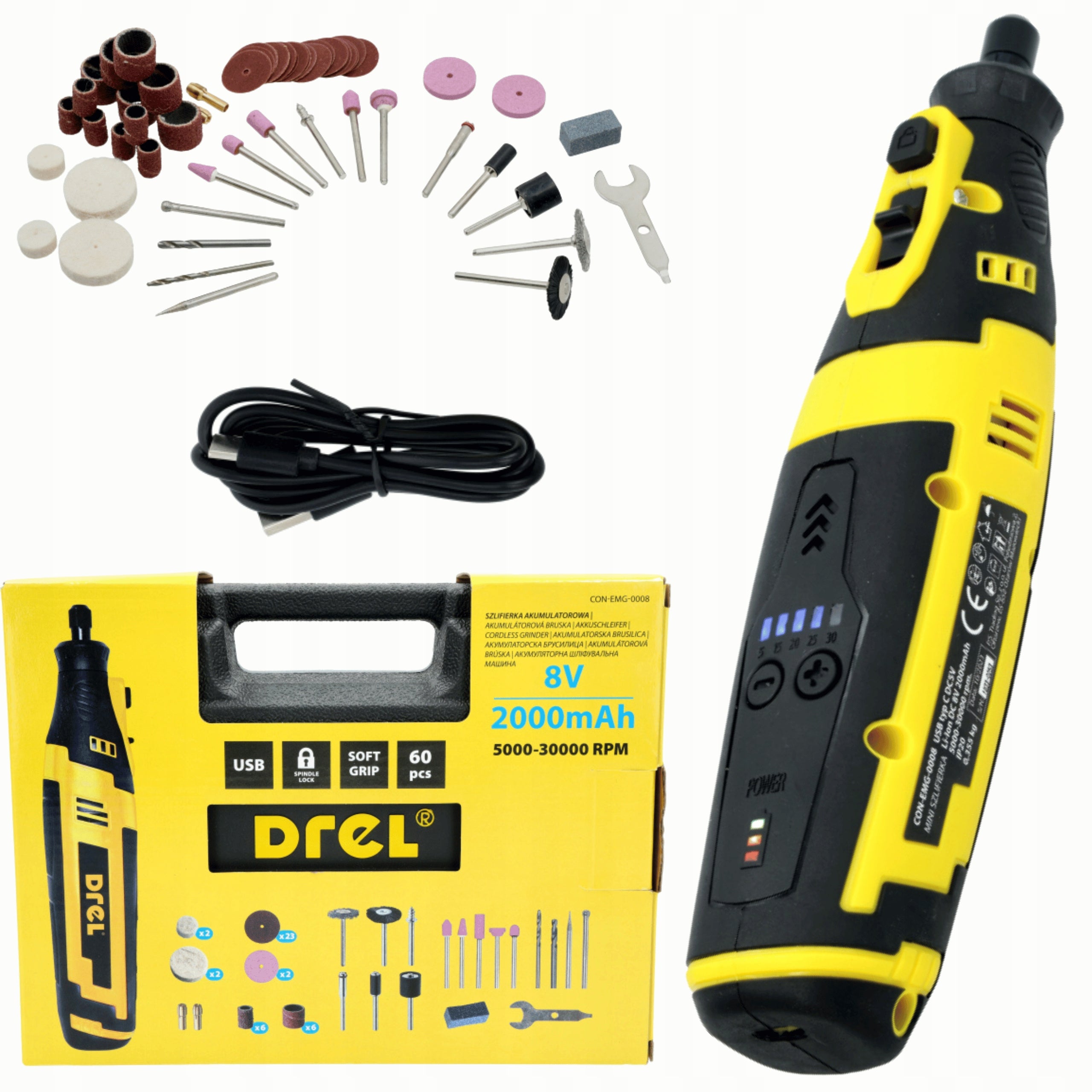 8V CORDLESS MULTIFUNCTION GRINDER + ACCESSORIES 60PCS SUITCASE DREL