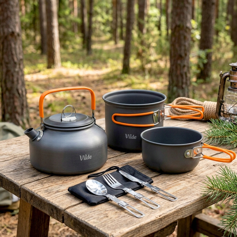 8x Hiking Dishes Camping Picnic Pot Saucer Kettle Cutlery Packaging status original