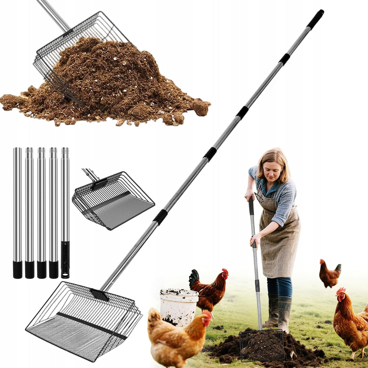 91-190CM ADJUSTABLE CHICKEN COOP SHOVEL WITH CLEANING HANDLE