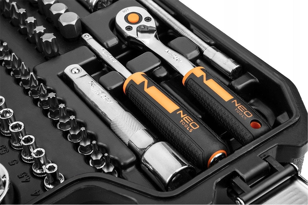 Galvučių raktų rinkinys NEO TOOLS, 82 vnt., 1/4" ir 1/2", CrV, lagaminėlyje