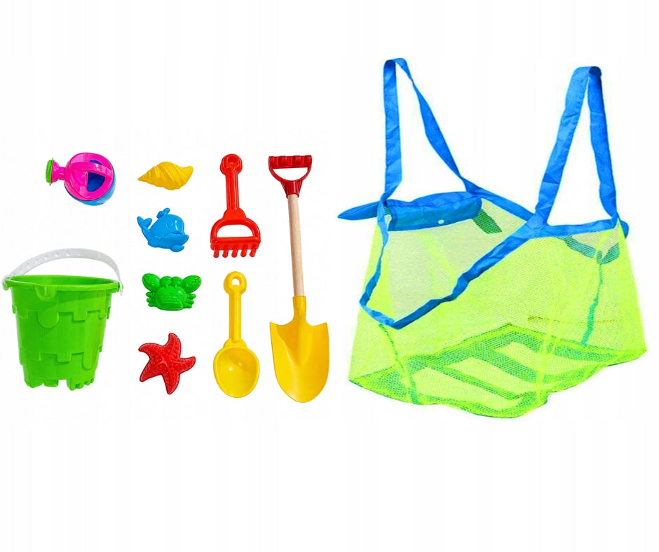 9EL SAND TOY SET +LARGE BAG MESH FOR KIDS BEACH TOYS
