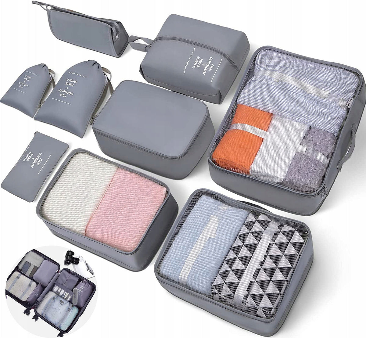 9x Travel Organizer For Suitcase Bags Wardrobes Grey