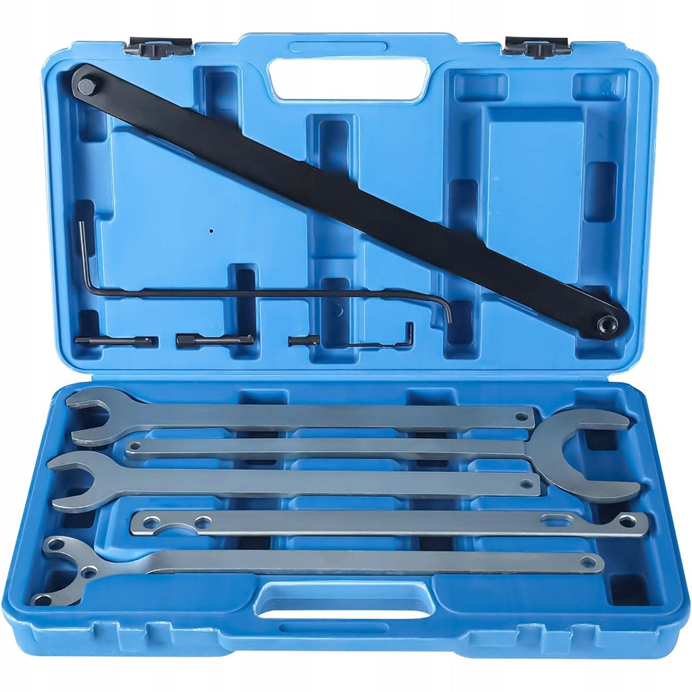 A set of fan hub wrenches for BMW, Mercedes and Ford vehicles.