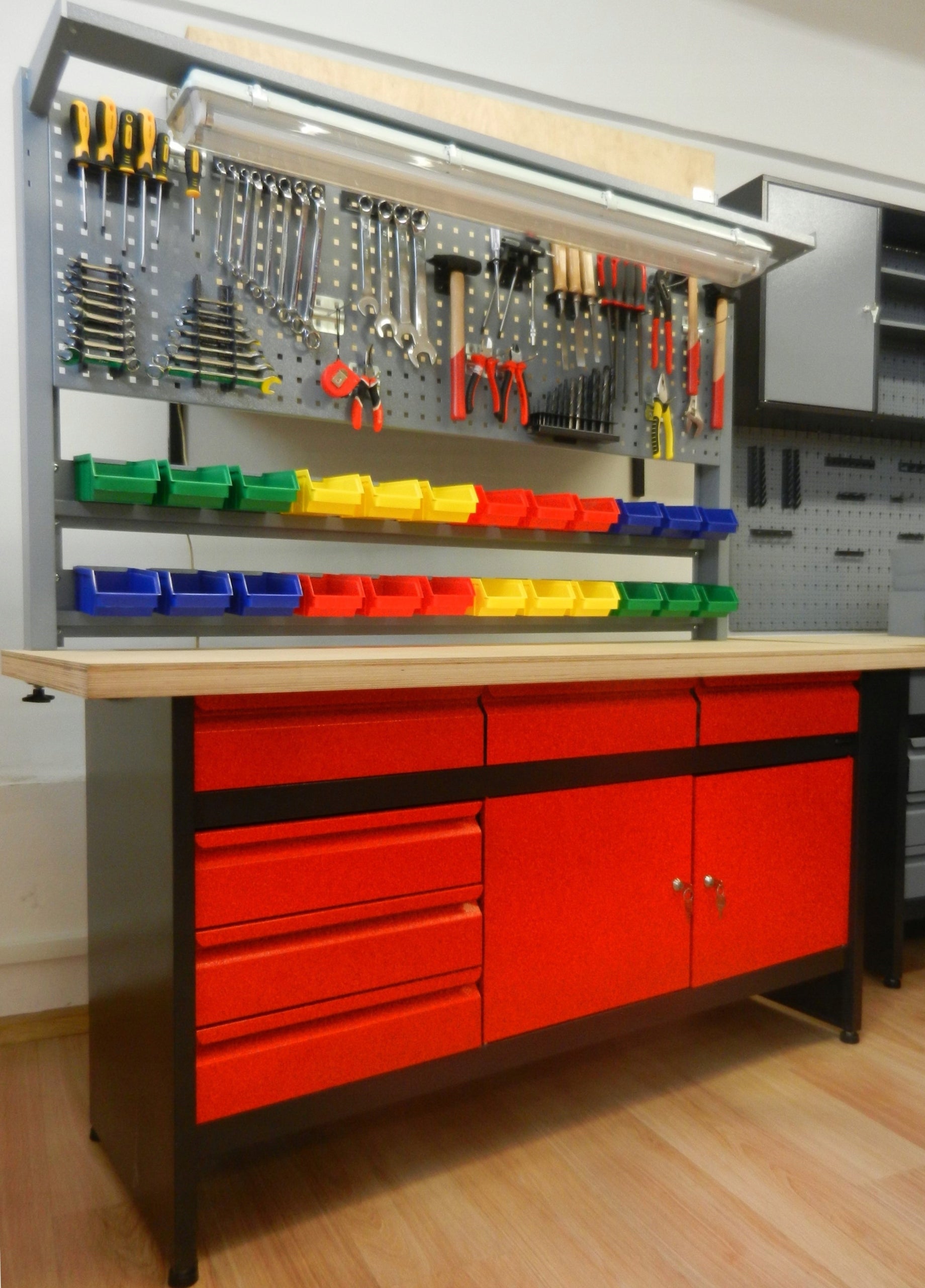 A workbench for a locksmith's garage, tools, COLORS, drawers, and a cabinet Product height 83 cm
